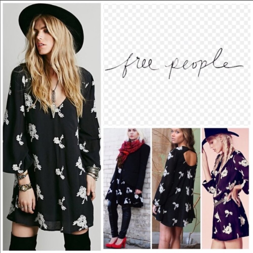 Free People Black Floral Embroidered Tunic Mini Dress XS